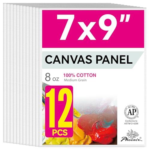 PHOENIX Painting Canvas Panels 7x9 Inch, 12 Value Pack - 8 Oz Triple Primed 100% Cotton Acid Free Canvase Boards for Painting, White Blank Flat Canvas Boards for Acrylic, Oil Paints - color: White, size: 7" x 9"