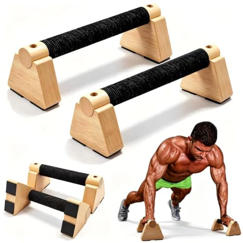 Wooden Parallettes Bars - 2 PCS Wood Push Up Bars Non-Slip Base | Calisthenics Equipment with Non-Slip Base - Handstand Bars and Pushup Handles for Men and Women - color: Wood-25cm