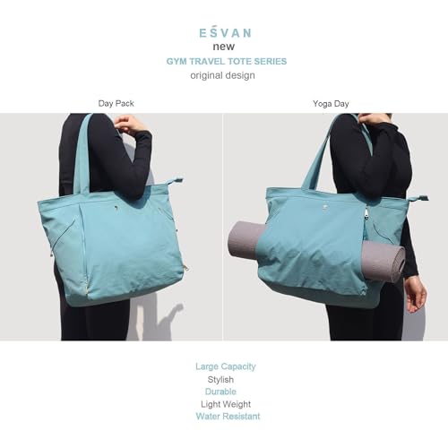 ESVAN Yoga Tote Bag for Women Shoulder Bags Drawstring for Office Workout Travel Carryall Pilates Gym and Beach - color: Nylon Lake Blue