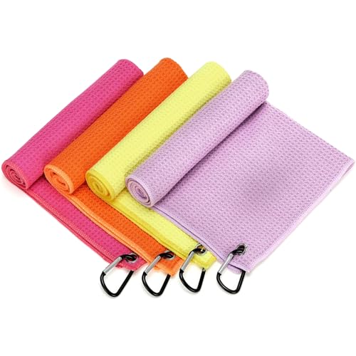 Remagr 4 Pack Golf Towel Microfiber - color: Yellow, Orange, Light Purple, Rose Red