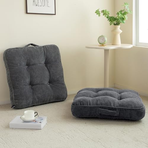 HIGOGOGO Floor Pillow Cushion for Adults, Meditation Cushion Pillow, Large Square Floor Sitting, Tufted Corduroy Cover, for Tatami Living Room or Yoga, 22x22 Inch, 2Pack, Dark Grey - color: Square Dark Grey, size: 4" Thick(Pack of 2)
