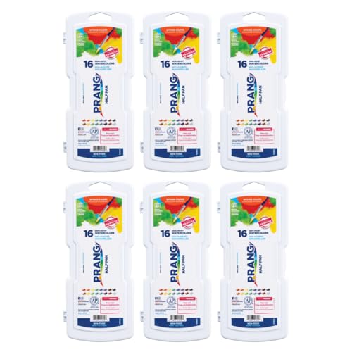 Prang Semi-Moist Watercolors 16-Color Half Pan Paint Set, Pack of 6 | Refillable, Size 6 Paint Brush Included - color: 16-Color Set (6-Pack)