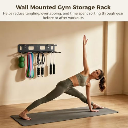 Wall Mounted Gym Storage Rack with 8 Hooks, Metal Resistance Band Holder with Top Shelf for Yoga Mat, Workout Equipment Organizer for Jump Ropes Weight Belts Straps Home Gym Accessories
