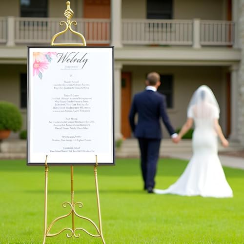 Gold Easel Stand for Sign 58.5” H Metal Large Adjustable | Display Standing for Displaying Pictures Wedding Poster Holder Showcasing with Chain Support - color: Openwork Orb Top