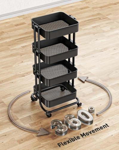 Pipishell 4 Tier Metal Rolling Utility Cart with 2 Lockable Wheels, Black | 360° Rotating Wheel, Heavy-Duty Steel, Sturdy Dual Columns, Ventilated Mesh, Hold 22 lbs per Shelf, for Kitchen & Dining Room - color: Black, size: 4 Tier