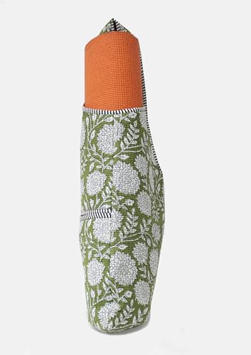 INDIAN CRAFT CASTLE Yoga Mat Bag | Tote Mat Bag | Sling Yoga Tote w/Large Side Pocket & Zipper Pocket | Yoga Mat Carrier Fits Most Size Mats - color: Green & White