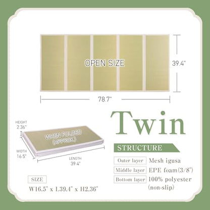 BJDesign Japanese Tatami Mat, Foldable Igusa Rush Grass Floor Mat Twin XL | Futon sleeping, meditation, yoga, zen-inspired room decor, non-slip backing, moisture and odor control, 9mm cushioning - size: Twin XL