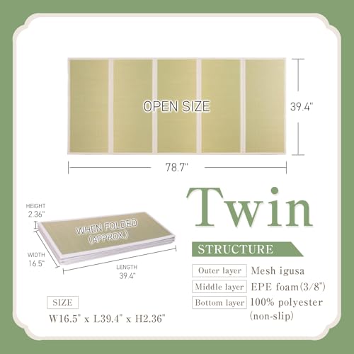 BJDesign Japanese Tatami Mat, Foldable Igusa Rush Grass Floor Mat Twin XL | Futon sleeping, meditation, yoga, zen-inspired room decor, non-slip backing, moisture and odor control, 9mm cushioning - size: Twin XL