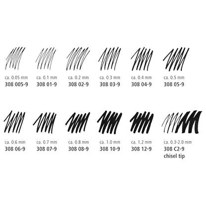Staedtler Pigment Liner Pack, Black, 3 Pens, Assorted Line Widths 0.05mm/0.2mm/0.8mm, 308-9SBK3