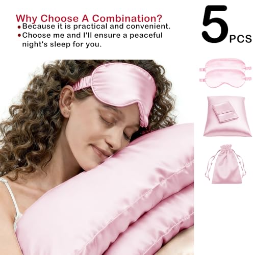 5Pcs Silky Sleep Mask Eye Masks Breathable Soft Satin Pillowcases Set for Sleeping Similar to Silk Pillowcase Travel Gift - color: Pale Pink-queen Size