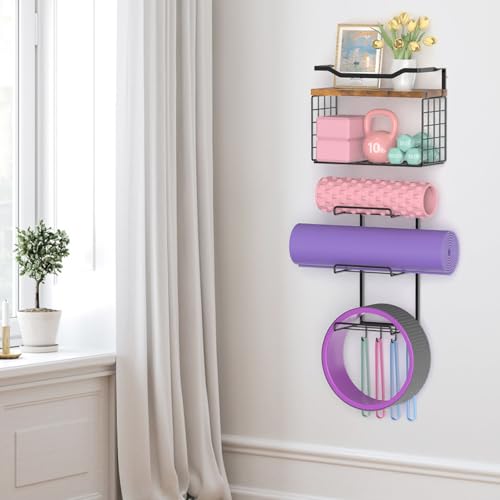 Yoga Mat Holder Wall Mount, Yoga Accessory Mats Storage Rack , Home Gym Accessories Organizer Storage With Wood Floating Shelves, Storage Basket and 4 Hook For Hanging Yoga Strap & Resistance Bands - color: Black