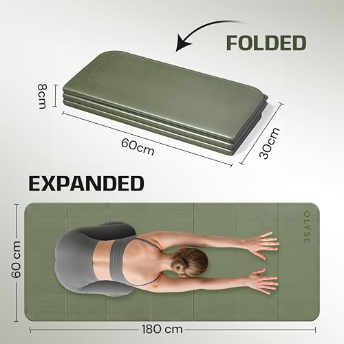 OLYSE Foldable Yoga Mat, Extra Thick 12mm (1/2" inch), 7-Fold, Non-Slip, for Yoga, Pilates, Stretching, HIIT & Home Workout, Green