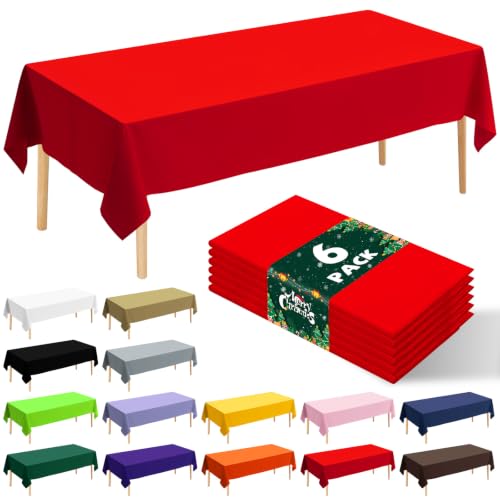 6 Pack Premium Disposable Plastic Tablecloth 54" x 108" Party Table Cloths Disposable for 6 to 8 Foot Tables Indoor or Outdoor Parties Birthdays Weddings Christmas Anniversary Buffet Table (Red) - color: Red
