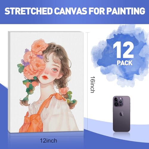 FUMILE 12x16 Canvas for Painting Stretched, 12 Pack Canvases for Painting-5/8 in Profile Primed White Blank Painting Canvas Value Pack for Oil & Acrylic Paint - size: 12x16 in