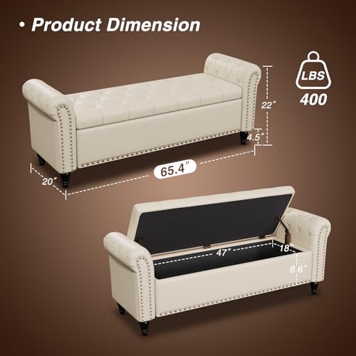 FiveWillowise 65" Bedroom Bench,End of Bed Bench with Storage,Cream Yellow - color: Cream White, size: 65-inch