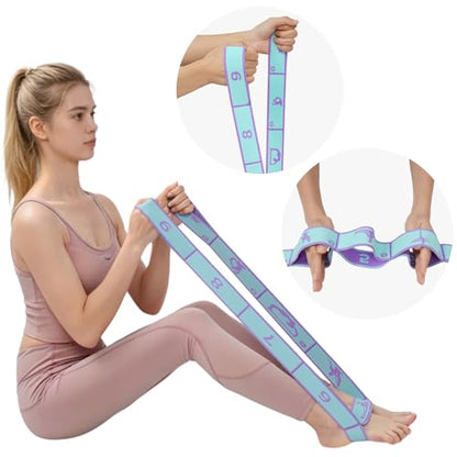 2 Pack 9-Loop Stretch Strap with Pose Guide Pattern, Elastic Yoga Band for Dance, Pilates, Gymnastics, Flexibility Exercise, Kids Workout Training, Youth Ballet Belt - color: Blue+Pink