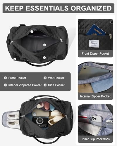 Gym Duffle Bag for Women with Shoe Compartment Waterproof Travel Tote Bags Personal Item Carry On Weekender Overnight Bags with Toiletry Bag Swimming Yoga Bags Hospital Holdalls Black - color: C7-Grid-Back