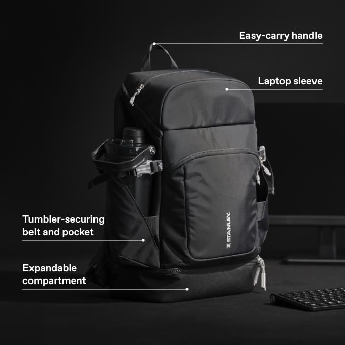 STANLEY Vitalize Backpack | Gym, Work & Travel Bag with Laptop Sleeve | Expandable Bottom Compartment | Tumbler & Water Bottle Pockets | Durable Recycled Fabric | Black - color: Black, size: Backpack