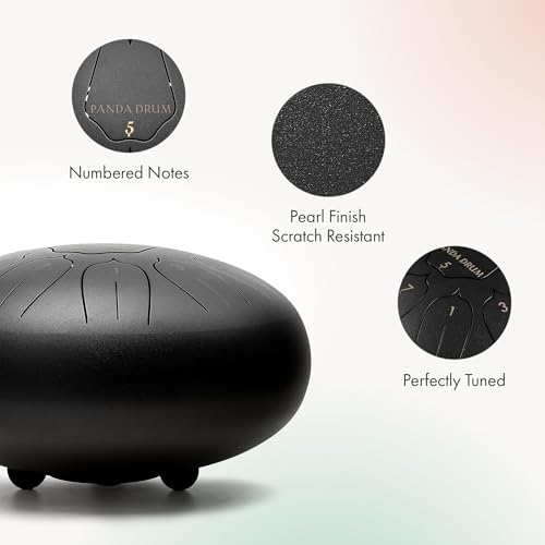 Panda Drum Plus (Black) | Steel Tongue Drum for Inside & Outside | 11 Inch | with Music Book, Mallets, Carrying Bag & Finger Picks | 432 Hz Rain Drum | Calming Musical Instrument for Adults - color: 3-Black