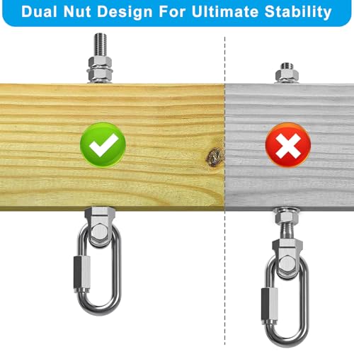 Dolibest Heavy Duty Swing Hanger, 304 Stainless Steel Swing Bolts w/Quick-Connect Carabiner, Swing Hook w/Dual-Screw Locking for Hammock, Yoga Swing, Porch Swing for Wood/Metal Beam-(M10X5'')-1500LB - color: M10X5''-6PCS