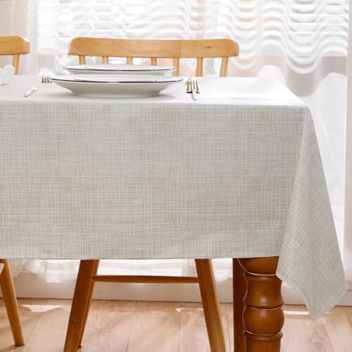 Heavy Duty Vinyl Tablecloth with Flannel Backing Waterproof Oil-Proof Plastic Table Cloth Stain-Resistant Wipeable Rectangle or Square Table Cover for Indoor and Outdoor (Beige Striped,52x70 Inch) - color: Beige Striped, size: 52" x 70" (Rectangular)