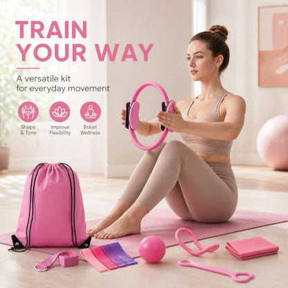 Pilates Ring and Ball Set, 6 Pcs Home Pilates Kit with 13” Circle Circle Yoga Ring 3 Resistance Bands 9.8” Pilates Ball Pilates Grip Socks, Pilates Essential Kit for Women Girl Home Workouts - size: 13 PCS