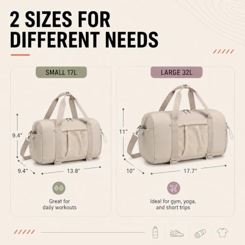 Small Mini Gym Bag for Women, Compact Duffle Overnight Bag - color: Khaki