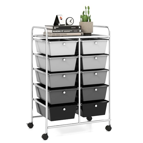 10 Drawer Rolling Cart, Storage Cart Organizer on Wheels, Drawer Cart with Metal Frame & Large Storage Capacity, Rolling Cart with Drawers for Living Room Classroom, Office - color: Gradient Black, size: 10 Drawer