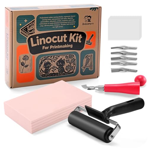 Bobblebro Linocut Kit for Printmaking, 5 PCS 4"x6" Rubber Linoleum Blocks | Stamp Making Kit and Block Printing Kit with Brayer and Carving Tools for Beginners and Artists, DIY Back To School Gift - style: KIT-5PCS
