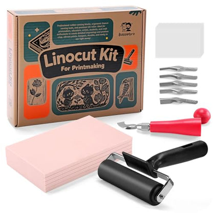 Bobblebro Linocut Kit for Printmaking, 5 PCS 4"x6" Rubber Linoleum Blocks | Stamp Making Kit and Block Printing Kit with Brayer and Carving Tools for Beginners and Artists, DIY Back To School Gift - style: KIT-5PCS