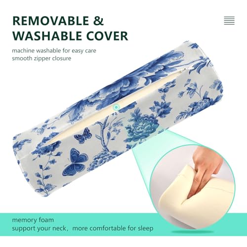 Blue and White Peony Flowers Butterfly Neck Roll Pillow Bolster Round Health Memory Foam Long Cervical Cylinder Pillows with Removable Washable Cover for Body Bed Legs Back Yoga - color: Blue and White Peony Flowers Leaf