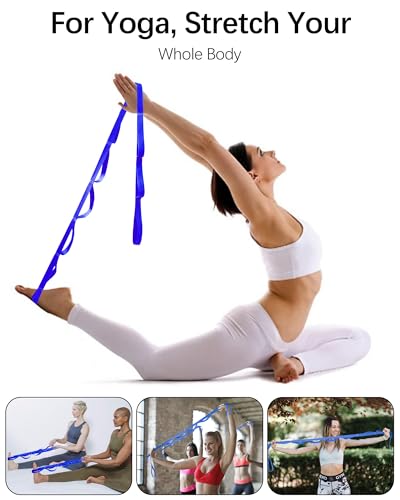 10 Loop Yoga Stretching Strap for Physical Therapy - Non-Elastic Exercise Band for Pilates, Yoga, Stretching for Women & Men - color: Blue