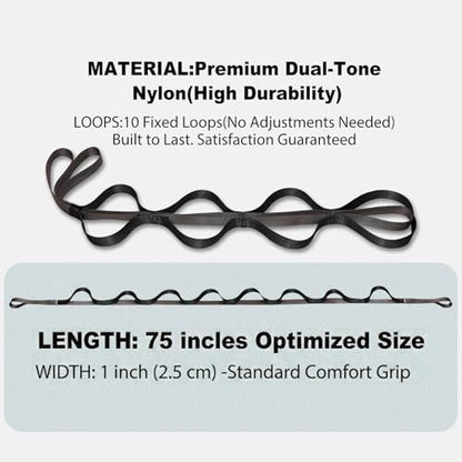 Acozycoo Stretching Strap with Loops for Leg Calf Back Physical Therapy | Non-Elastic Yoga Strap for Stretching,Stretch Band,Leg Lifter,Rehab,Knee,Hip,Pilates,Flexibility Training,Hamstring,Fascia - color: Black