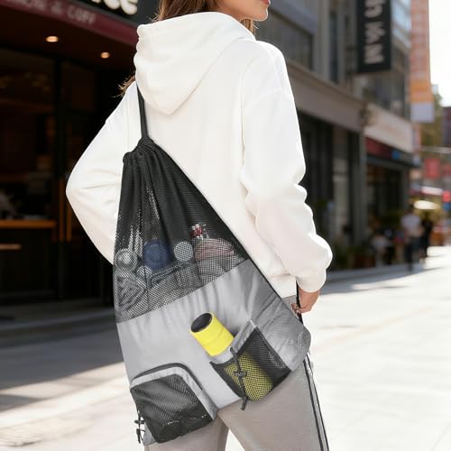 NATURAL STYLE Mesh Drawstring Gym Swim Beach bag, Large Waterproof Pool Sports Backpack for Swimming Gear Workout Yoga Travel - color: Grey
