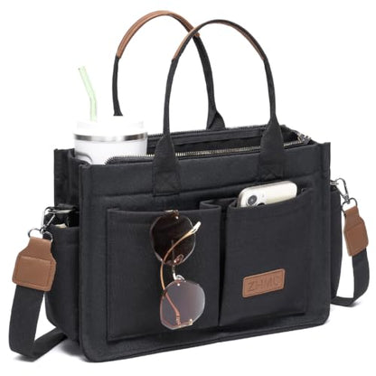 ZHMO Canvas Tote Bag for Women,Women's Bags Crossbody Bags Work Laptop Tote Bag Large Handbags Purse for Travel Nurse Teacher - color: New Upgrade Black With Compartments and Inner Cup Holders