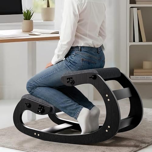 Ergonomic Kneeling Chair with Wooden Frame, Black - color: Black