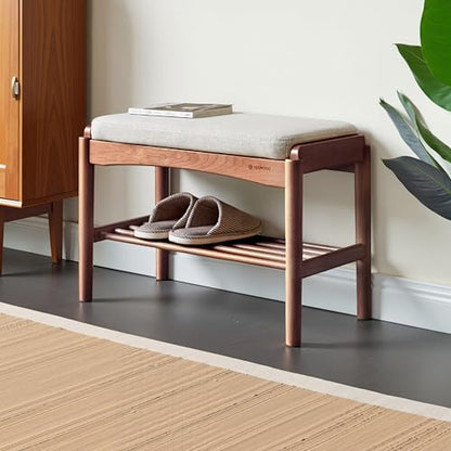 Solid Wood Shoe Bench, 24 Inch Entryway Bench with Light Gray Cushion - color: Walnut + Light Gray Cushion, size: 23.62"