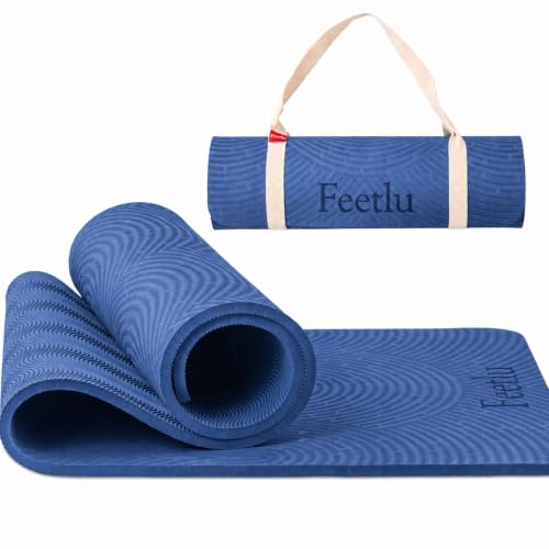 Extra Thick 12mm Exercise Mat – 74"L x 26"W Inch, Non-Slip, Joint-Friendly & Cushioned Fitness Mat for Yoga, Pilates & Floor Workouts – Durable, Supportive & Includes Feetlu Classic Strap - color: Navy Blue & Gray