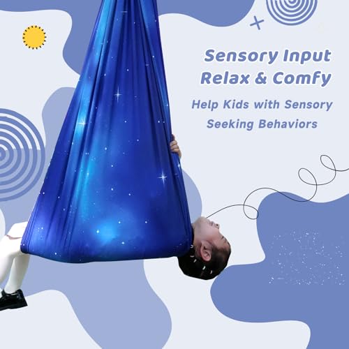 Aokitec Sensory Swing Kids & Adults, Double-Layer Indoor Outdoor Hammock | Therapy swing, Special Needs, Autism, Adjustable, Double-layer Polyester Holds 300LB, Swivel Hanger, All Hardware Included - color: Star Blue