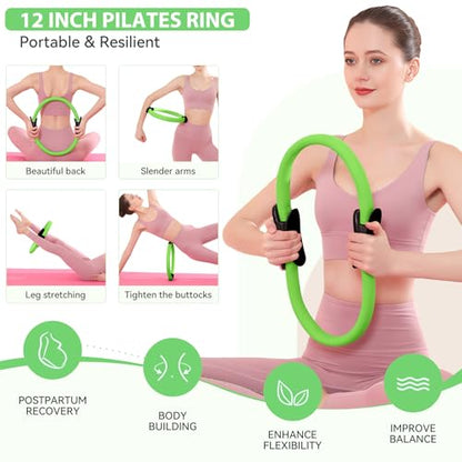 HASHMUST Pilates Ring Kit 12 PCS for Women, Home Workout Equipment with Magic Circle, Mini Exercise Ball, Resistance Bands, Massage Lacrosse, Yoga Strap, Full-Body Fitness Set for Toning & Gift - color: Green