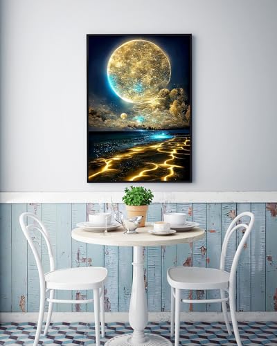 Moon Diamond Painting Kits for Adults, Beach Diamond Art Kits for Adults | Moonlight Beach Diamond Art Painting Kits for Adults Beginners, DIY Full Drill Paint by Diamond Dots Gem Art 12x16 Inch - color: Moon