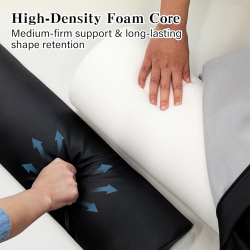Massage Table Bolster Pillow with Strap Handle, 26 x 8 x 8 In Adjustable Bolster Pillow PU Leather, 1/4 & 3/4 Round Bolster Use Separately or Combine for Leg Neck Knee Support & Pain Relief, Black