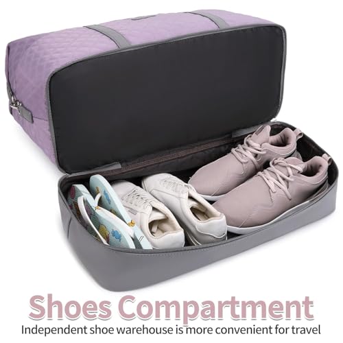 Weekender Bag, Large Travel Duffel Bag for Women, Carry on Overnight Bag with Shoe Compartment and Toiletry Bags - color: A-Purple