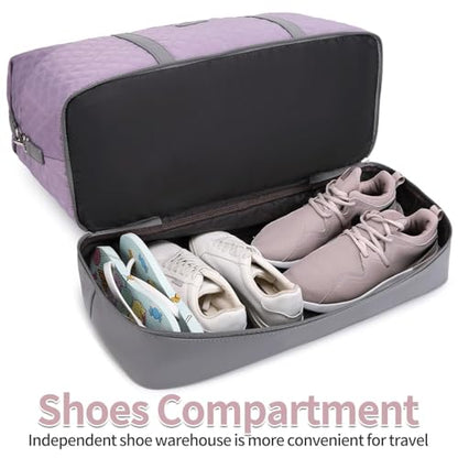 Weekender Bag, Large Travel Duffel Bag for Women, Carry on Overnight Bag with Shoe Compartment and Toiletry Bags - color: A-Purple