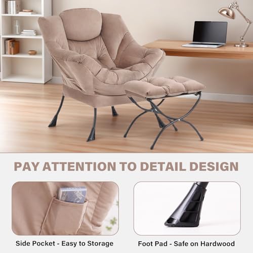 Tiita Lazy Chair with Ottoman, Comfy Reading Accent Chair, Velvet Khaki | Foldable Footrest, Padded Seat and Backrest, Side Pocket for Lounging in Living Rooms, Bedrooms, Dorms and Small Spaces - color: Khaki