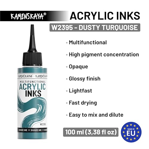Kamenskaya Acrylic Inks for Artists - 'Dusty Turquoise' Acrylic Ink, 3.38 Fl Oz (100 ml) | Highly Concentrated, Multifunctional Liquid Acrylic Paint - color: Dusty Turquoise