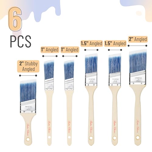 Bates- Paint Brushes, 6 Pack, 1", 1.5", 2" Angle Brushes, Wooden Handle | for Walls Stain Furniture Interior Painting & Detail Work