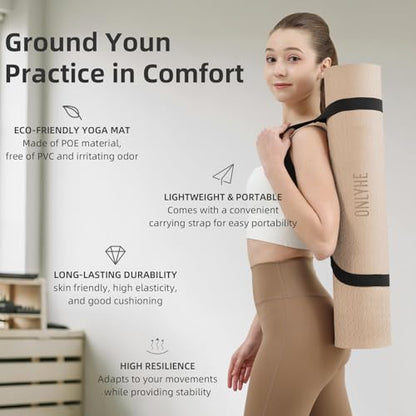 Yoga Mat Extra thick 8mm Exercise mat, Soft Lightweight TPE Fitness Mat with strap, High Elasticity, Anti-fatigue,non-slip mat for Women, Yoga, Camping, Travel, Gym & Outdoor | 72"L x 0.32"Th - color: Milk coffee
