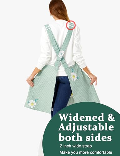 Cozy Adjustable Cross Back Aprons for Women with Pockets Cotton Linen Cooking Kitchen Baking - color: Daisy