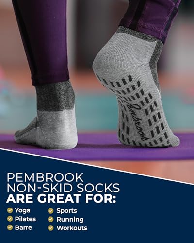 Pembrook Non Slip Crew Grip Socks Men & Women - 4 Pairs | Non Slip Socks for Elderly, Hospital, Pilates, Yoga, Barre, Home - color: Gray - 4 Pairs, size: Medium